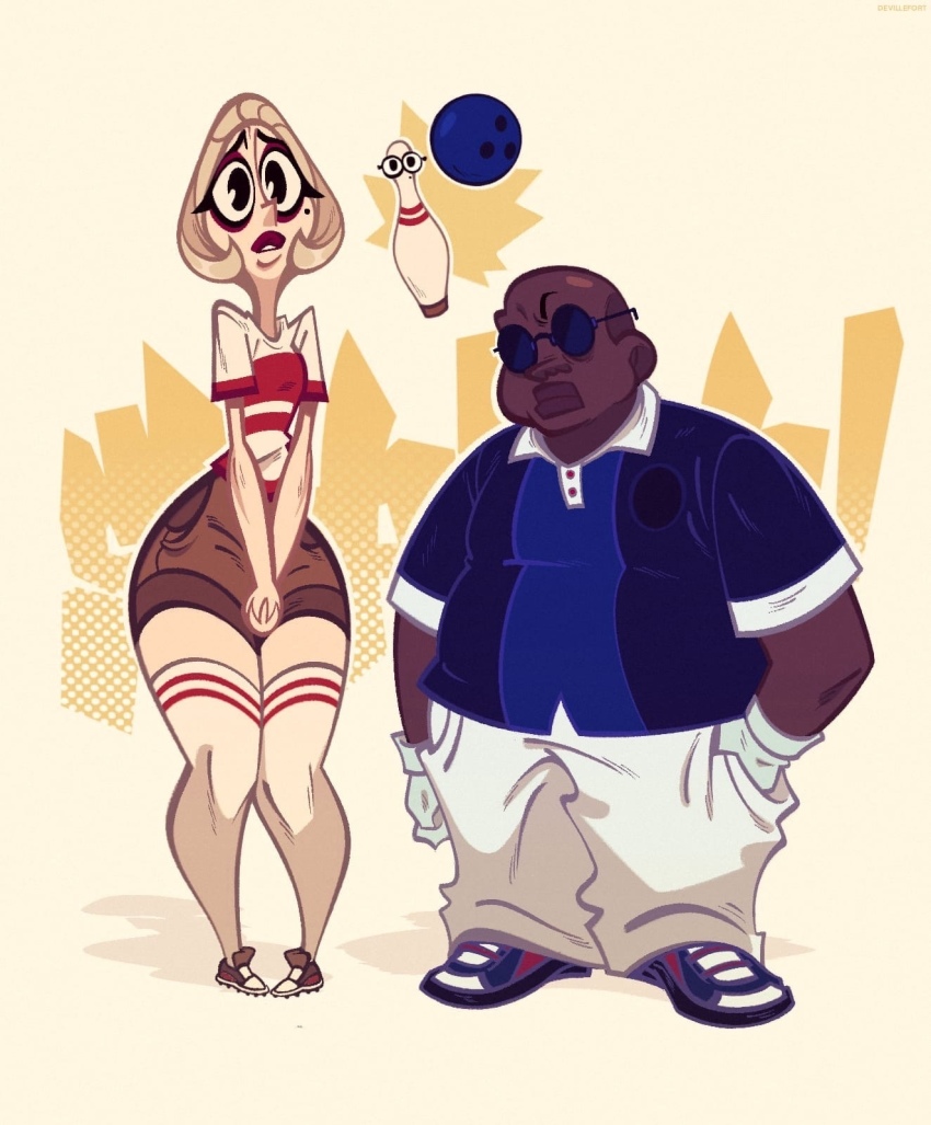 1boy, 1girl, bald, ball, black_eyes, blonde_hair, blue_shirt, bowling_ball, bowling_pin, brown_shorts, dark-skinned_male, dark_skin, devillefort, fat, fat_man, full_body, gloves, highres, meme, original, pants, personification, polo_shirt, round_eyewear, shirt, short_hair, shorts, standing, sunglasses, tall_female, thighhighs, white_gloves, white_pants