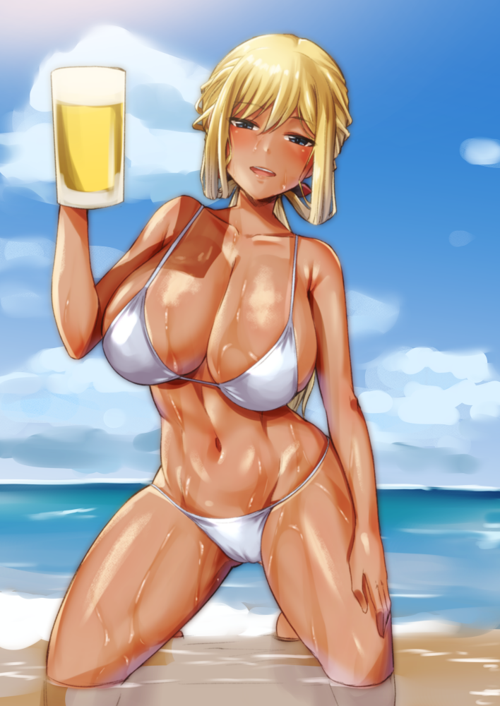 1girl, alcohol, alice_gear_aegis, ayuayu_(shouyu_no_sato), beer, beer_mug, bikini, blonde_hair