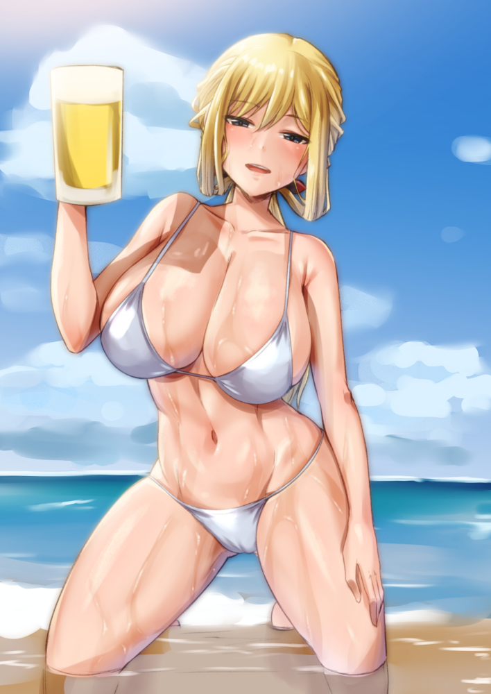 1girl, alcohol, alice_gear_aegis, ayuayu_(shouyu_no_sato), beer, beer_mug, bikini, blonde_hair