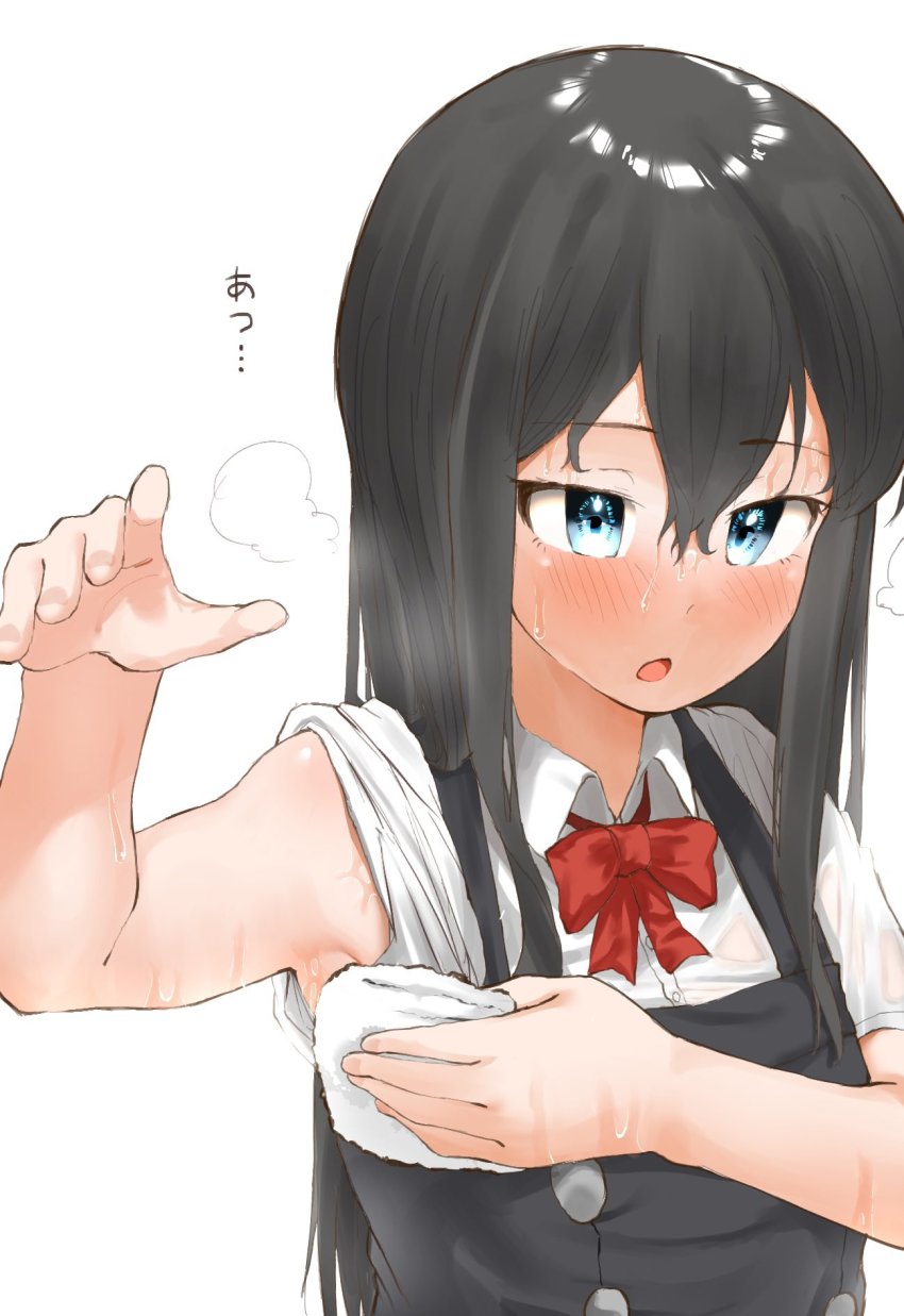 1girl, armpits, asashio_(kancolle), black_dress, black_hair, blue_eyes, dress, gekiteki_na_beefsteak