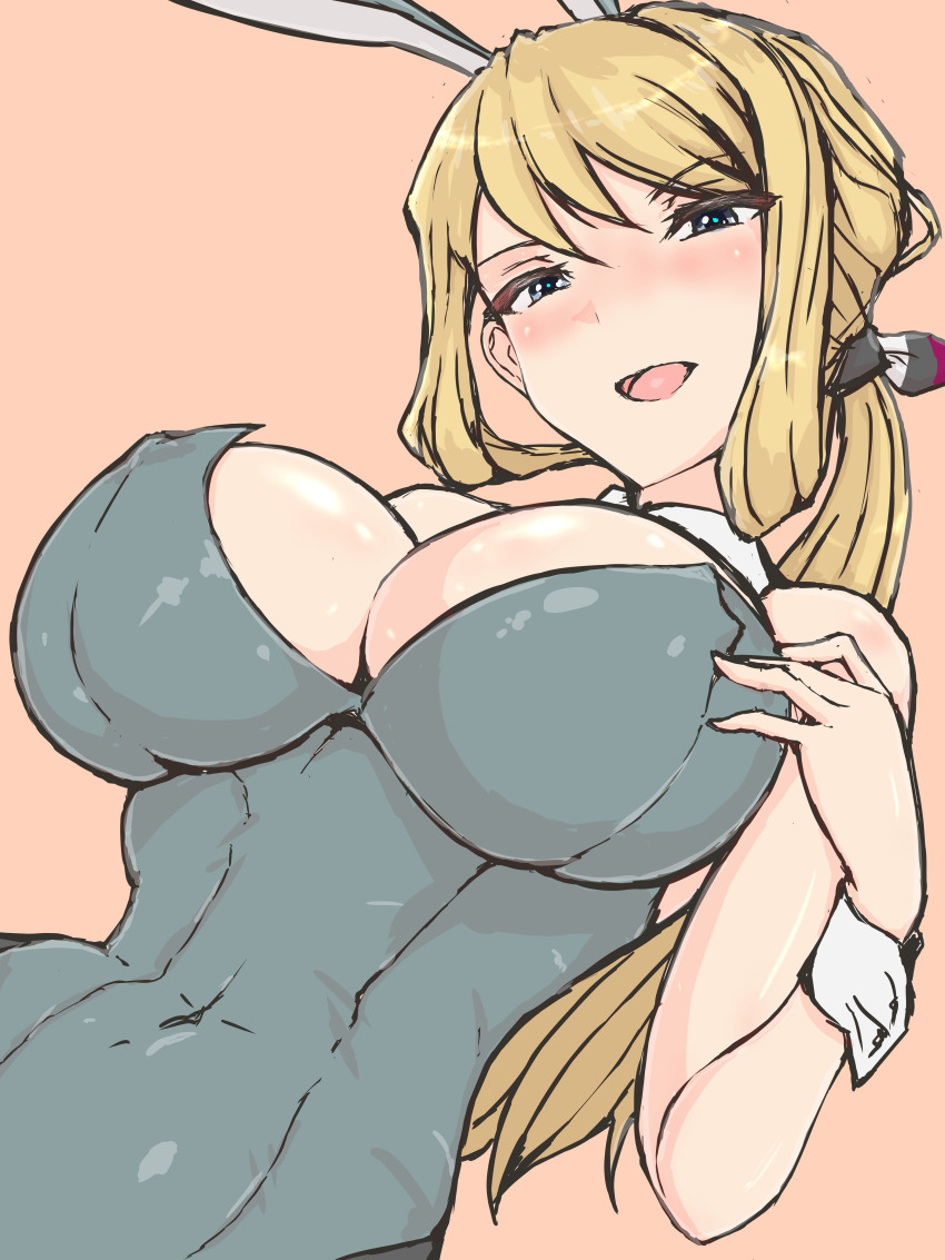 1girl, absurdres, alice_gear_aegis, animal_ears, black_leotard, blonde_hair, blue_eyes, breasts, covered_erect_nipples, covered_navel, fake_animal_ears, from_below, half-closed_eyes, hands_on_own_breasts, head_tilt, highres, husima, large_breasts, leotard, looking_down, low_ponytail, open_mouth, orange_background, playboy_bunny, ponytail, rabbit_ears, rita_henschel, sketch, smile, solo, underboob