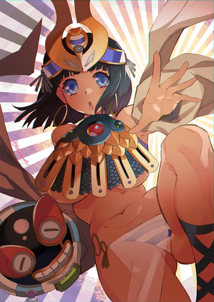1girl, ancient_egyptian_clothes, ancient_princess_menace, arm_up, black_hair, blue_eyes, blunt_bangs, breasts, commentary_request, crown, gluteal_fold, groin, hayasaka_mebawe, headgear, jewelry, knee_up, large_breasts, looking_at_viewer, menace_(queen's_blade), navel, open_mouth, outstretched_arm, panties, pelvic_curtain, queen's_blade, revealing_clothes, ring, sandals, scepter, setra, shawl, short_hair, striped_clothes, striped_panties, thighs, toned, underboob, underwear
