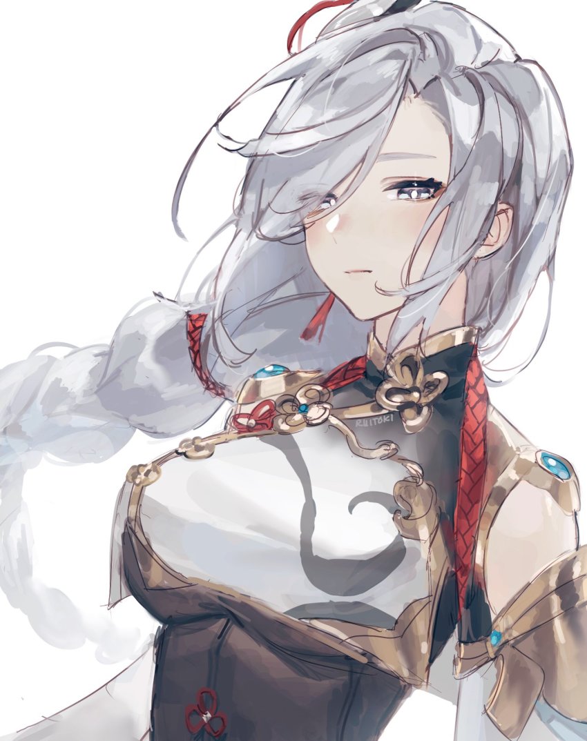 1girl, artist_name, black_bodysuit, blush, bodysuit, single_breast_curtain, breasts, clothing_cutout, eyebrows_hidden_by_hair, floating_hair, genshin_impact, grey_eyes, grey_hair, hair_behind_ear, highres, long_hair, looking_down, medium_breasts, ruitoki, shenhe_(genshin_impact), shoulder_cutout, solo, upper_body, white_background