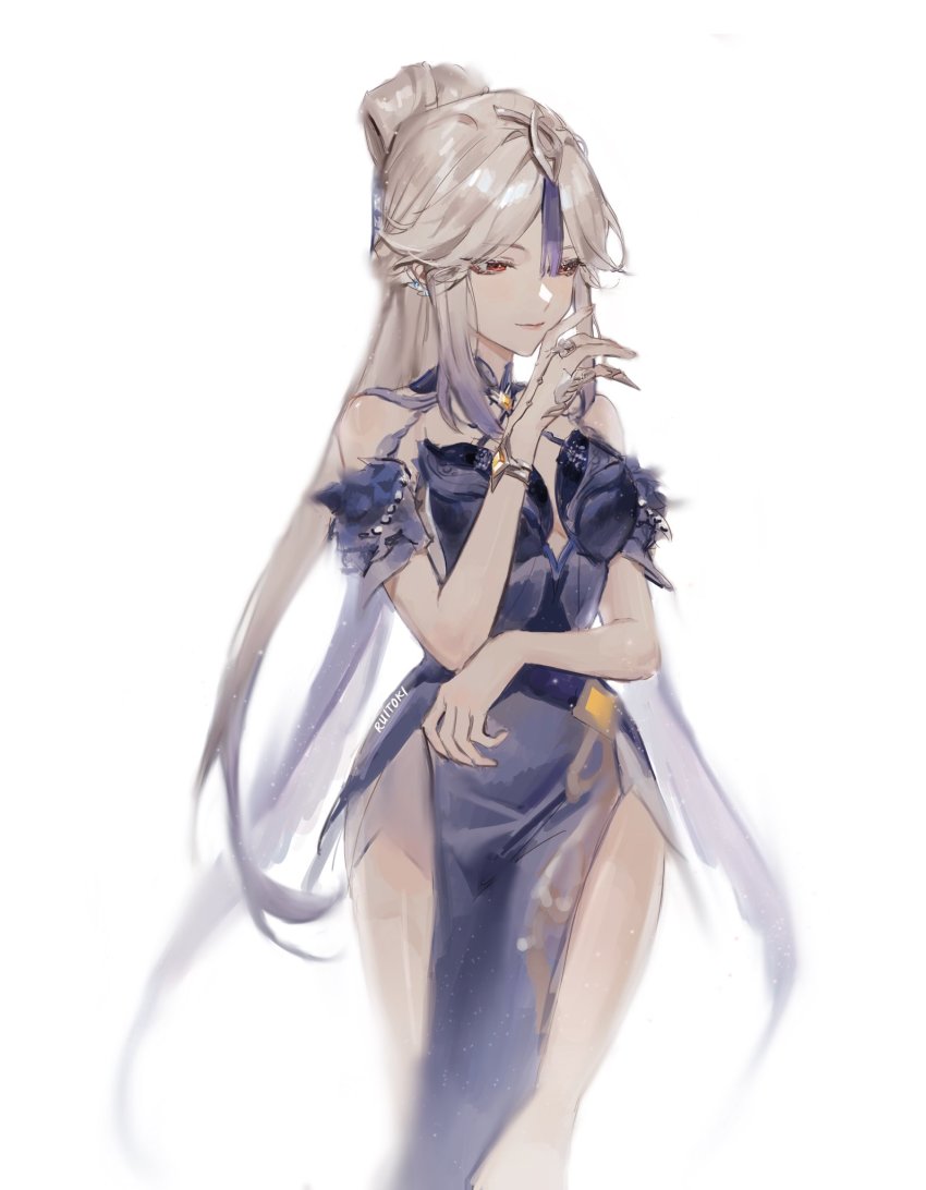 1girl, blue_dress, breasts, commentary_request, dress, genshin_impact, grey_hair, highres, indonesian_commentary, jewelry, long_hair, looking_down, medium_breasts, ningguang_(genshin_impact), ningguang_(orchid's_evening_gown)_(genshin_impact), official_alternate_costume, red_eyes, ring, ruitoki, smile, solo, tassel, very_long_hair, white_background