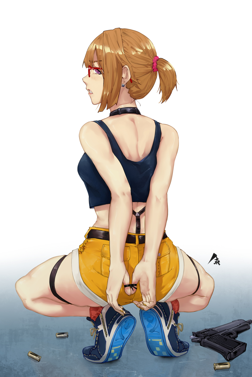 .50_action-express, 1girl, absurdres, action_arms, ammunition, arms_behind_back, bdsm, blue_footwear