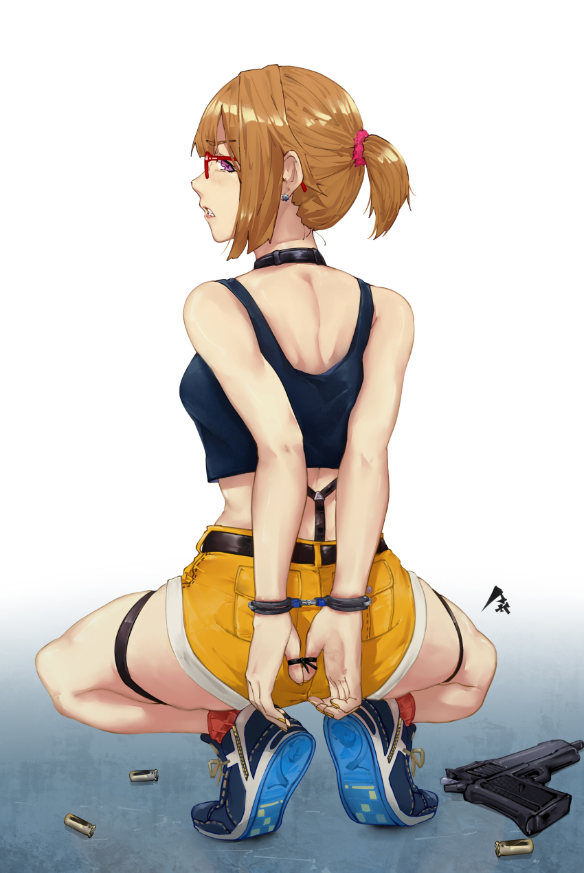 .50_action-express, 1girl, absurdres, action_arms, ammunition, arms_behind_back, bdsm, blue_footwear