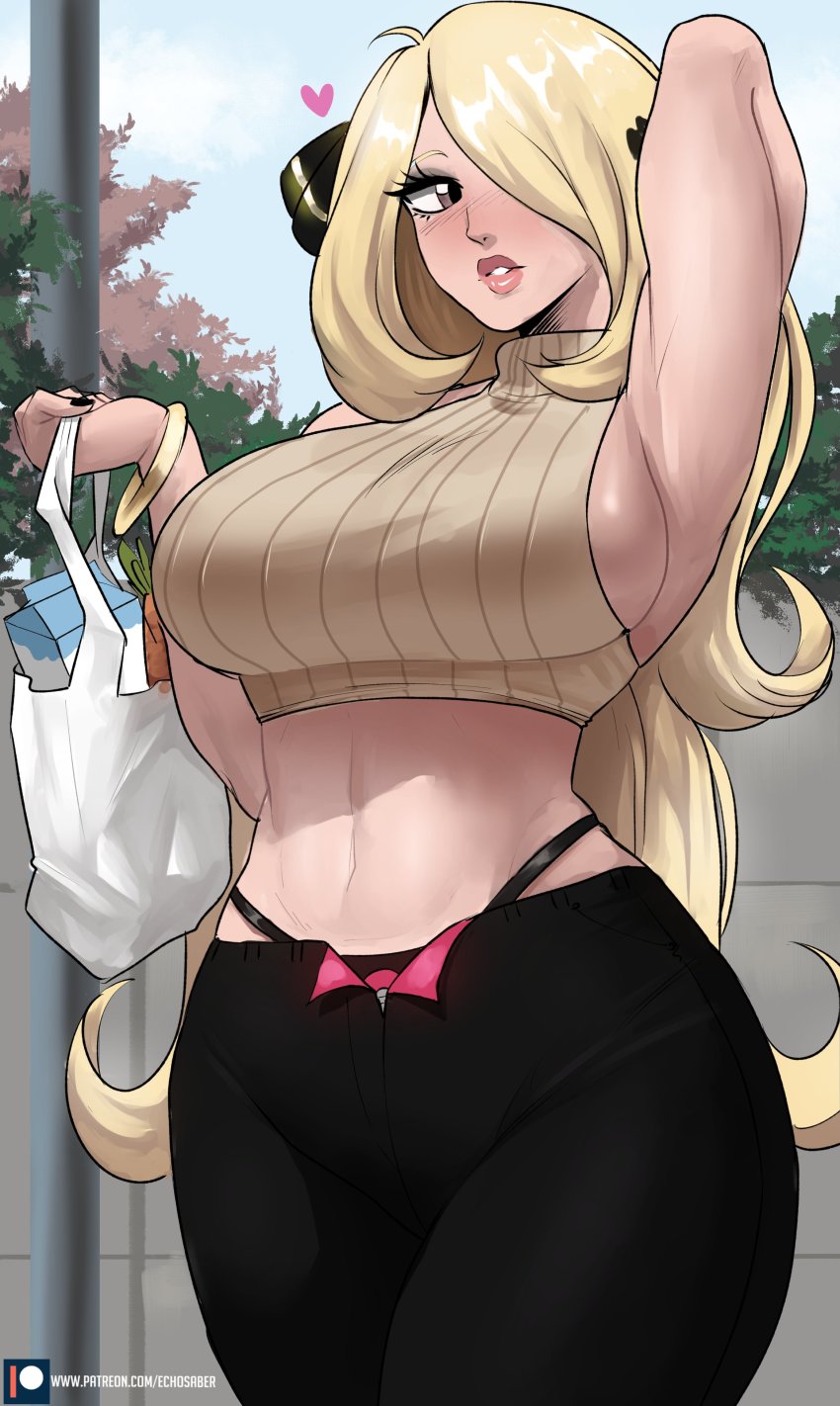 1girl, absurdres, arm_up, armpits, bag, blonde_hair, bracelet, breasts, cloud, cloudy_sky, crop_top, cynthia_(pokemon), drink_carton, echo_saber, female_focus, groin, heart, highleg, highleg_panties, highres, holding, holding_bag, jewelry, large_breasts, lipstick, long_hair, looking_at_viewer, makeup, mature_female, midriff, milk_carton, nail_polish, nintendo, no_bra, outdoors, panties, panty_pull, patreon_logo, patreon_username, pokemon, pokemon_diamond/pearl/platinum, shopping_bag, sideboob, sky, solo, standing, underwear, unzipped, very_long_hair, wall, watermark, web_address, zipper