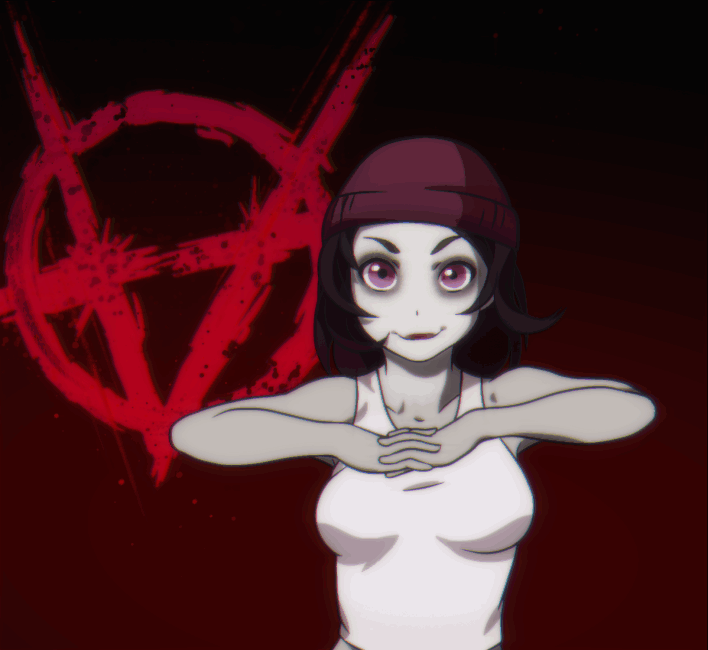 1girl, anarchy_symbol, animated, animated_gif, bakemonogatari, beanie, black_hair, chuunibyou_demo_koi_ga_shitai!