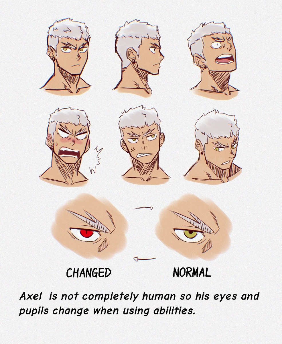 1boy, axel_(danshin), bara, character_profile, reference_sheet, danzen, demon, fantasy, highres, male_focus, manly, muscular, muscular_male, non-web_source, white_hair, yellow_eyes
