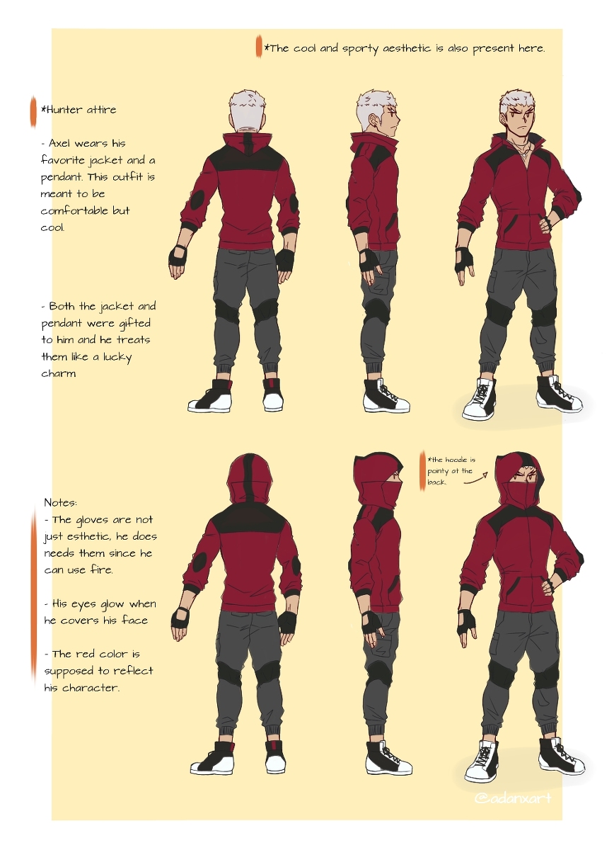 1boy, axel_(danshin), bara, character_profile, reference_sheet, danzen, demon, fantasy, highres, hood, hoodie, male_focus, mask, non-web_source, shoes, white_hair, yellow_eyes