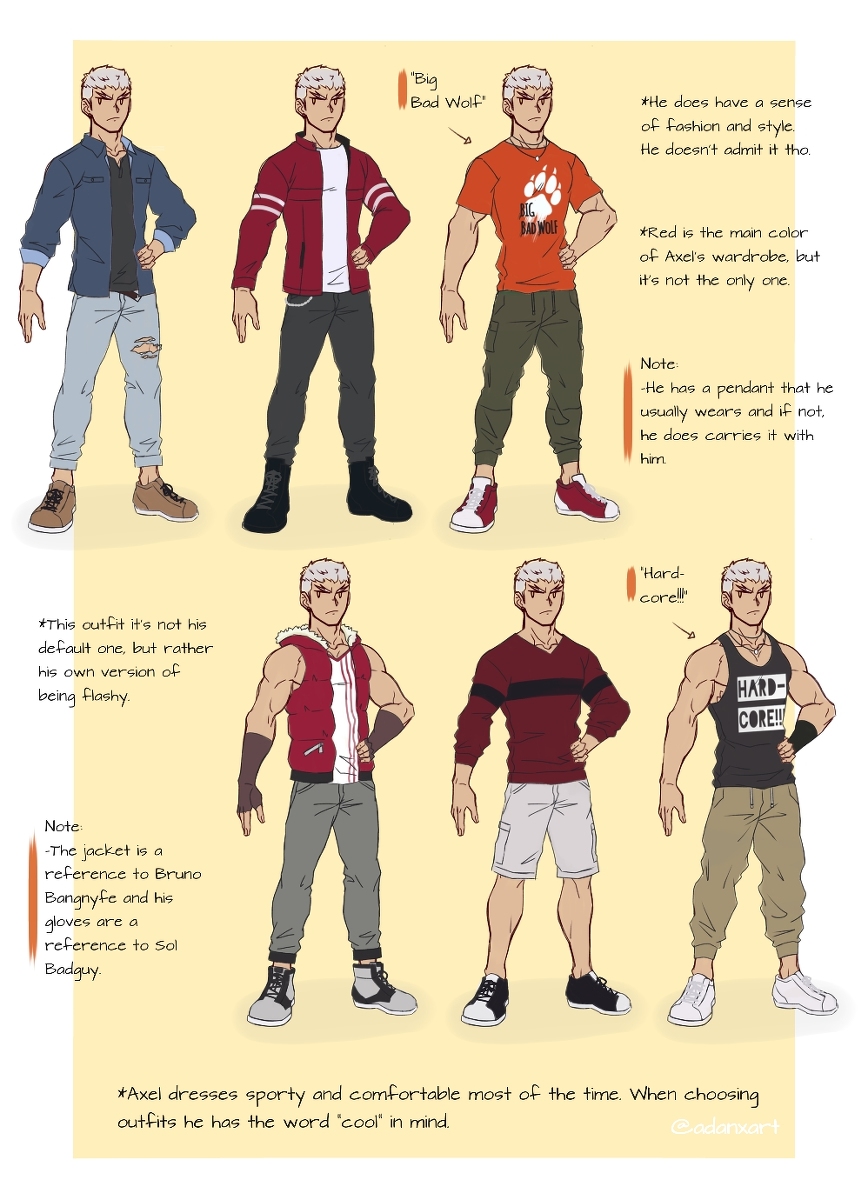 1boy, axel_(danshin), bara, character_profile, reference_sheet, danzen, demon, fantasy, highres, male_focus, manly, muscular, muscular_male, non-web_source, shoes, white_hair, yellow_eyes