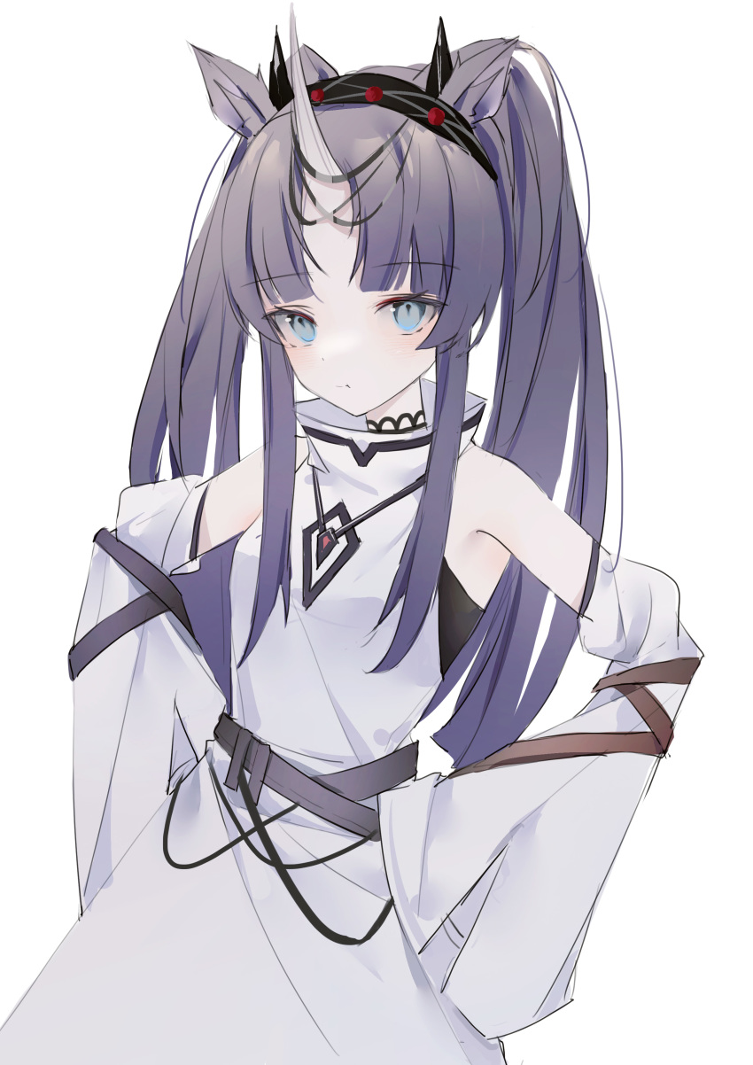 0_(znanimo), 1girl, :t, absurdres, animal_ear_fluff, animal_ears, arknights, bare_shoulders, black_hair, black_hairband, blue_eyes, breasts, closed_mouth, clovisia_(arknights), commentary_request, detached_sleeves, dress, hairband, hands_on_own_hips, highres, horns, juliet_sleeves, long_hair, long_sleeves, looking_at_viewer, parted_bangs, puffy_sleeves, romaji_commentary, simple_background, single_horn, sleeveless, sleeveless_dress, sleeves_past_fingers, sleeves_past_wrists, small_breasts, solo, twintails, very_long_hair, white_background, white_dress, white_sleeves, wide_sleeves