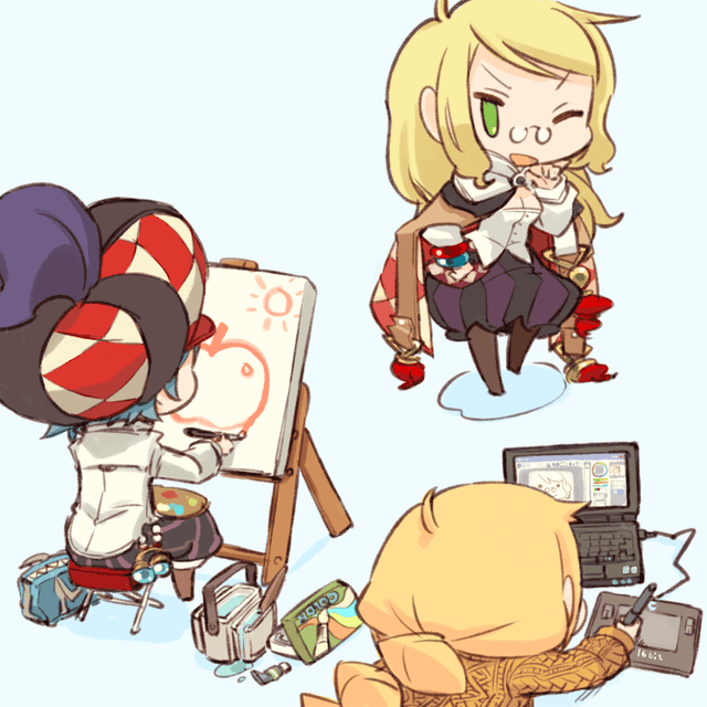 3girls, 7th_dragon, 7th_dragon_(series), art_brush, canvas_(object), chibi, computer, drawing_tablet