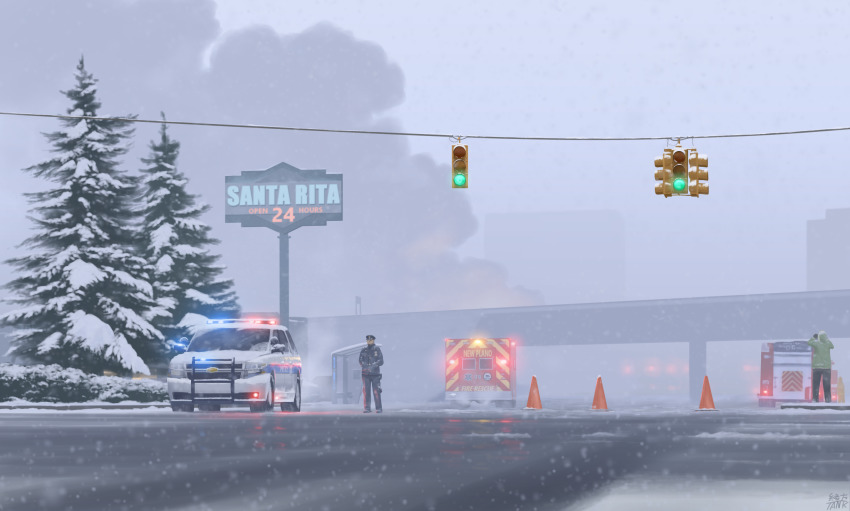 1other, 2boys, ambulance, artist_name, black_jacket, black_pants, bridge, bus_stop, car, chevrolet_tahoe, commentary_request, fire_truck, green_hoodie, hat, highres, hood, hoodie, jacket, male_focus, motor_vehicle, multiple_boys, ogata_tank, original, outdoors, pants, police, police_car, police_hat, police_uniform, policeman, road, scenery, smoke, snow, snowing, sports_utility_vehicle, standing, traffic_cone, traffic_light, tree, truck, united_states, watermark