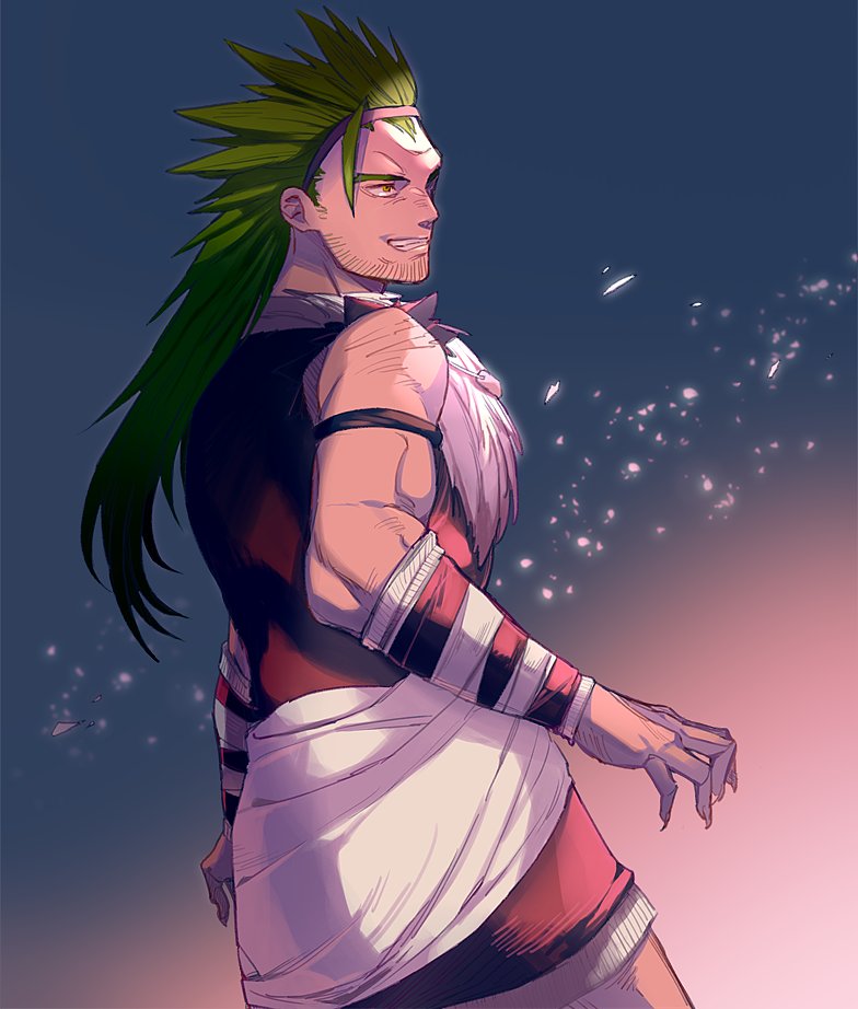 1boy, bandaged_arm, bandages, facial_hair, fur_trim, green_hair, hatsune_(leaden_heart07), long_hair