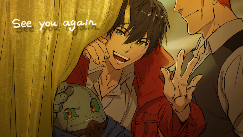 3boys, black_hair, cloak, coat, colored_skin, darren_shan, green_eyes, grey_skin