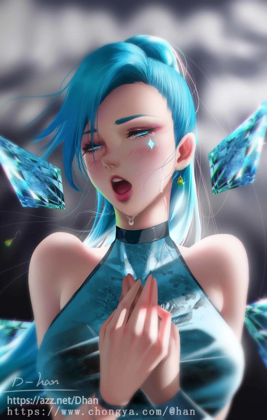 1girl, absurdres, bare_shoulders, blue_dress, blue_eyes, blue_hair, blurry, blurry_background