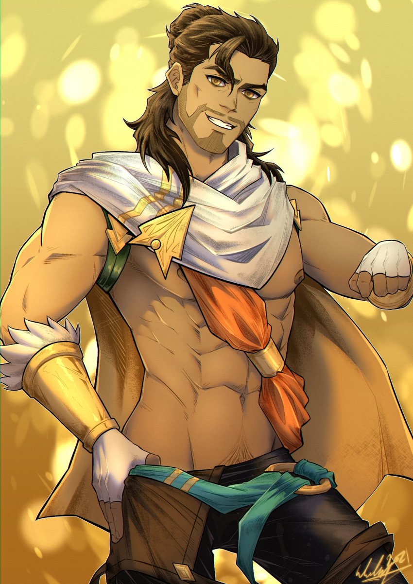 1boy, abs, akshan_(league_of_legends), beard, brown_hair, commentary, dark-skinned_male, dark_skin
