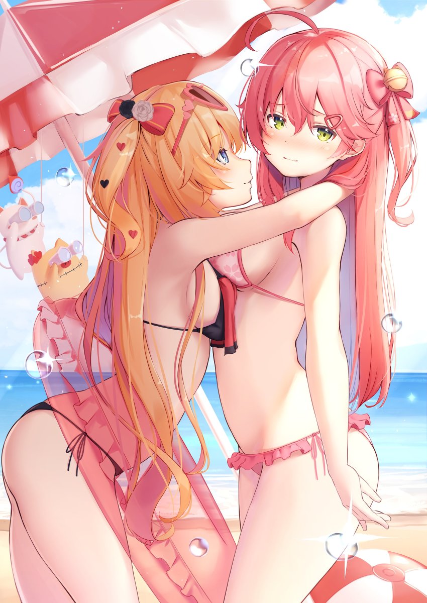 2girls, 35p_(sakura_miko), absurdres, ahoge, akai_haato, akai_haato_(hololive_summer_2019), arched_back, bare_arms, bare_shoulders, beach, beach_umbrella, bikini, black_bikini, blonde_hair, blue_eyes, bow, breasts, closed_mouth, commentary_request, eyewear_on_head, frilled_bikini, frills, from_side, green_eyes, haaton_(akai_haato), hair_bow, highres, hololive, hug, innertube, long_hair, looking_at_another, looking_at_viewer, medium_breasts, multiple_girls, nyan_(reinyan_007), one_side_up, pink_bikini, pink_hair, sakura_miko, sakura_miko_(hololive_summer_2019), side-tie_bikini_bottom, smile, string_bikini, sunglasses, swim_ring, swimsuit, thighs, umbrella, virtual_youtuber, water, yuri