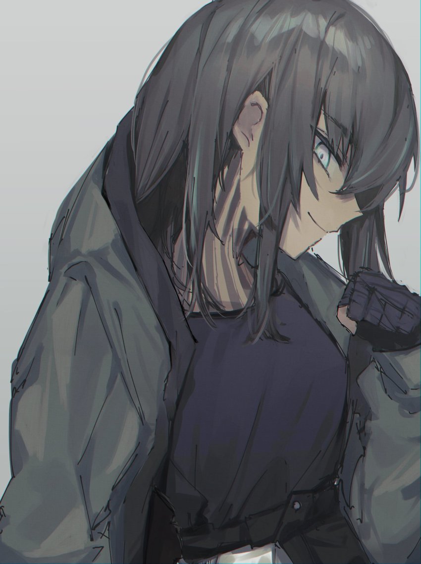 1girl, arknights, black_gloves, black_hair, blue_eyes, clenched_hand, flint_(arknights), gloves