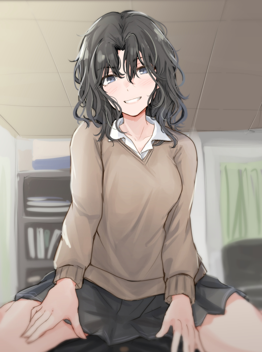 1boy, 1girl, :d, amagami, black_eyes, black_hair, black_skirt, blush, breasts, brown_sweater, commentary_request, cowgirl_position, girl_on_top, hair_between_eyes, hetero, highres, indoors, long_hair, long_sleeves, looking_at_viewer, medium_breasts, messy_hair, miniskirt, open_mouth, parted_lips, pov, skirt, smile, solo_focus, spread_legs, straddling, sweater, tanamachi_kaoru, unu_(unucence)
