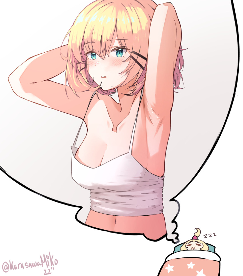 1girl, :3, absurdres, alternate_breast_size, armpits, arms_behind_head, blonde_hair, blush