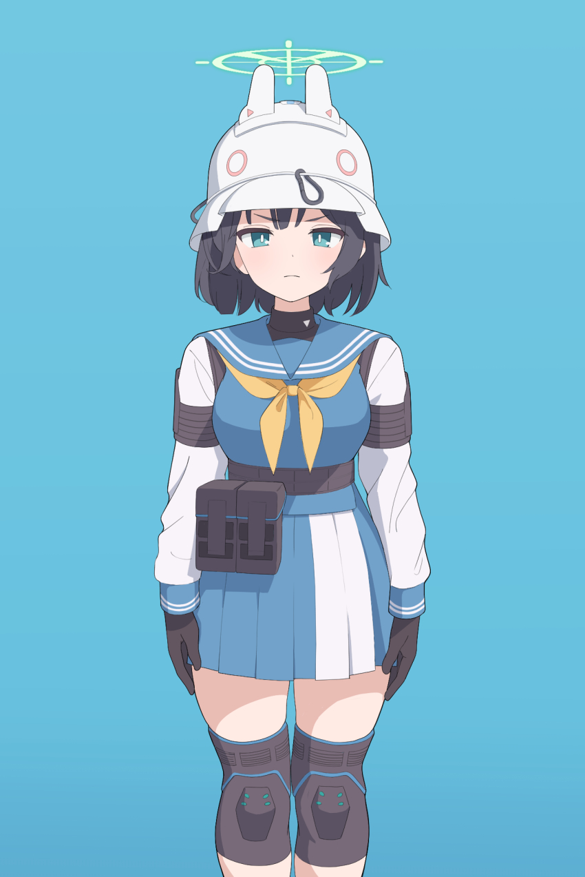 1girl, black_bodysuit, black_gloves, black_hair, blue_archive, blue_background, blue_serafuku, bodysuit