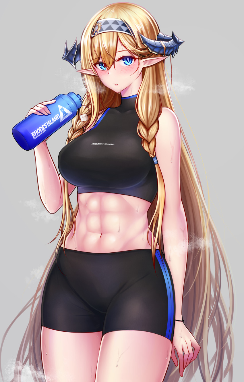 1girl, abs, absurdres, alternate_costume, arknights, bare_shoulders, bike_shorts, black_shorts, blonde_hair, blue_eyes, blush, bottle, braid, breasts, cowboy_shot, crop_top, dragon_horns, grey_background, grey_hairband, hairband, highres, holding, holding_bottle, horns, large_breasts, long_hair, looking_at_viewer, natu_sksp, navel, parted_lips, pointy_ears, rhodes_island_logo_(arknights), saileach_(arknights), shorts, simple_background, sleeveless, solo, steaming_body, stomach, sweat, twin_braids, very_long_hair, wristband