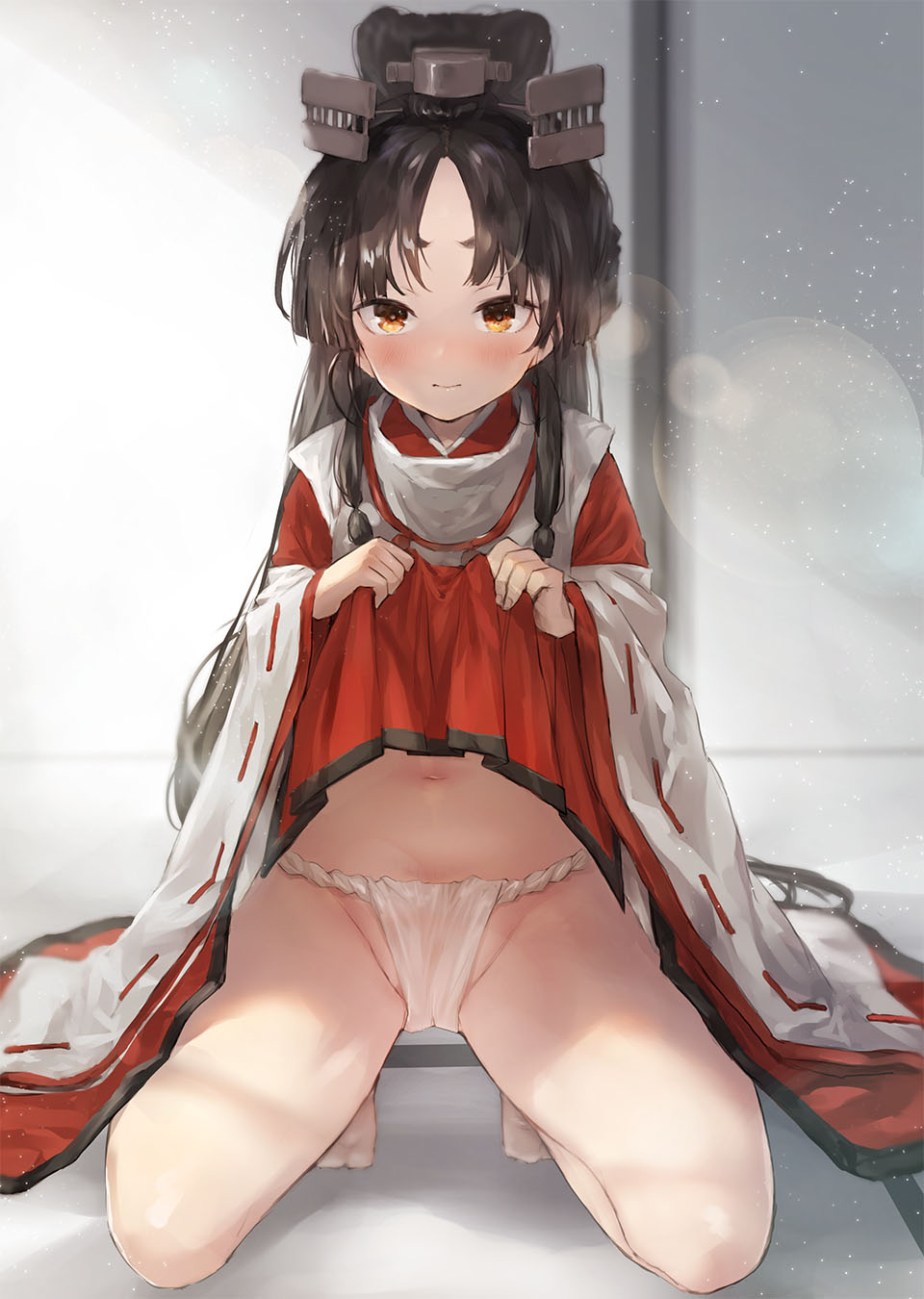 1girl, barefoot, black_hair, blush, brown_eyes, closed_mouth, clothes_lift, female_focus