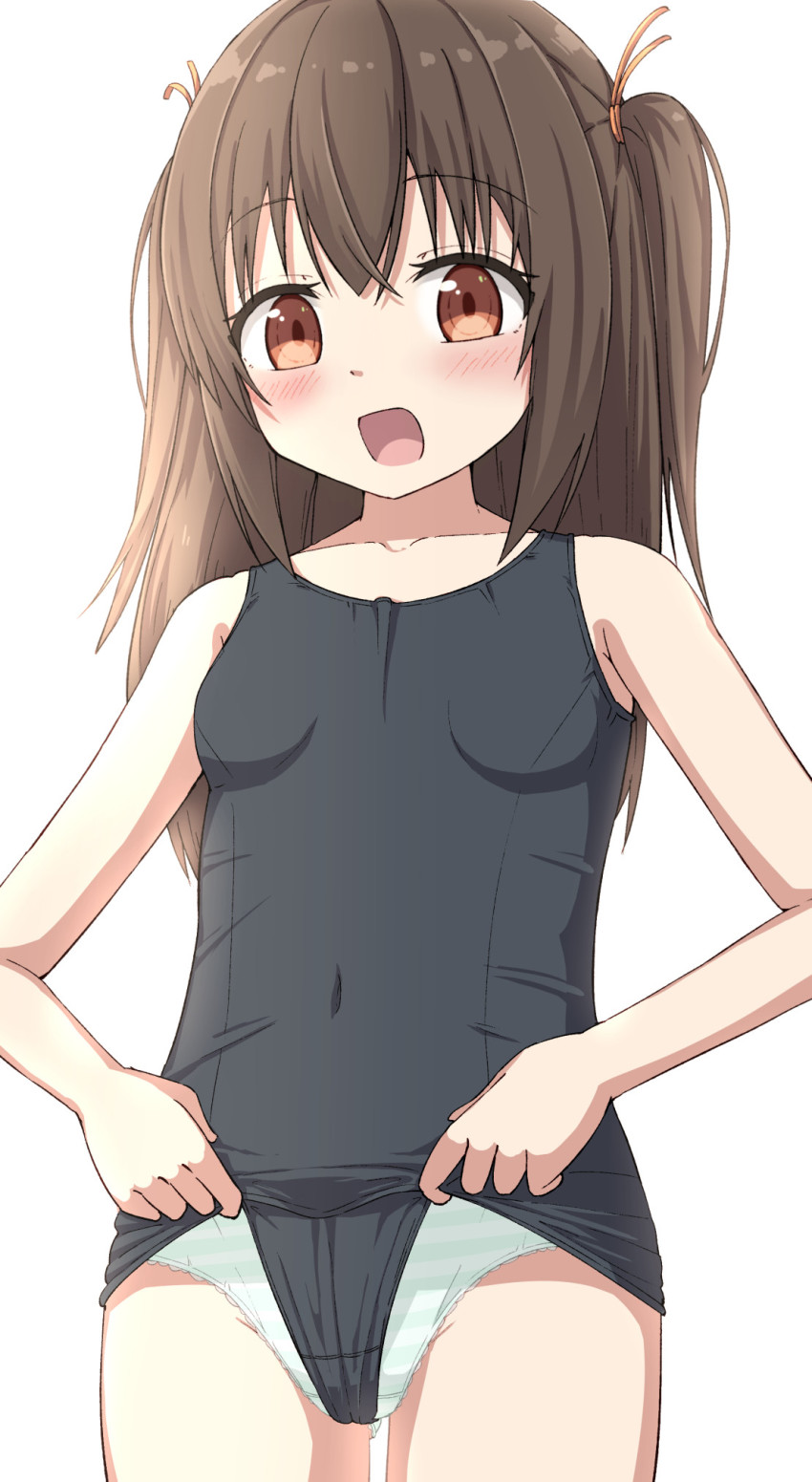 1girl, bare_arms, bare_shoulders, black_one-piece_swimsuit, blush, breasts, brown_eyes, brown_hair