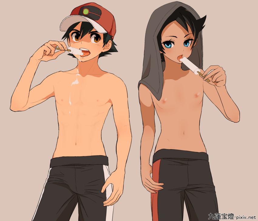 2boys, ash_ketchum, baseball_cap, black_hair, blue_eyes, brown_eyes, child, coffee-break, collarbone, commentary_request, cowboy_shot, eyelashes, goh_(pokemon), hat, highres, holding, male_focus, multiple_boys, navel, nintendo, open_mouth, pants, pokemon, pokemon_(anime), pokemon_journeys, red_headwear, short_hair, teeth, tongue, tongue_out, topless_male, towel, towel_on_head, upper_teeth_only