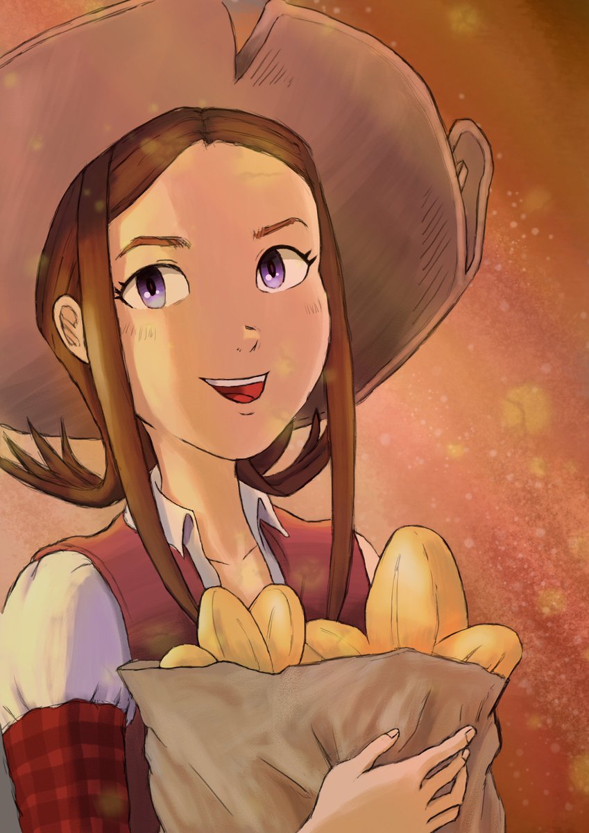 abstract_background, armband, bag, brown_hair, hat, highres, looking_afar, orange_background