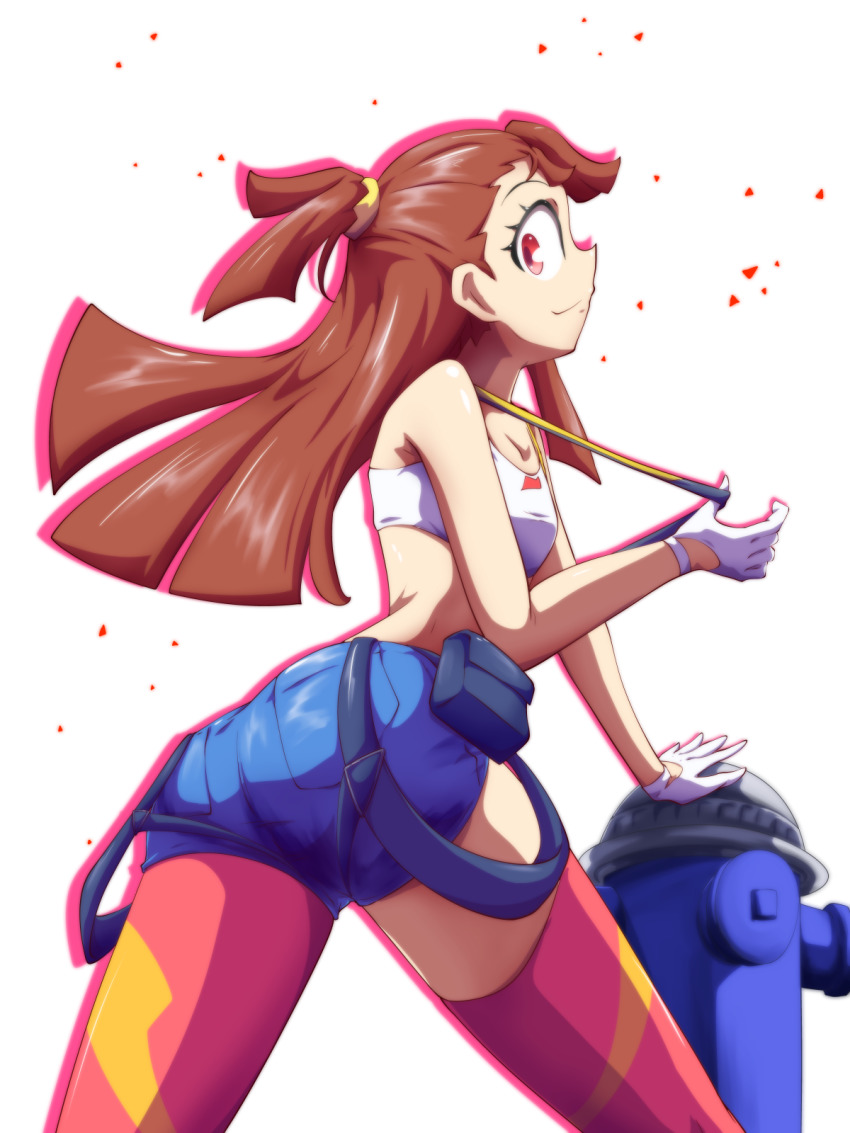 1girl, aina_ardebit, aina_ardebit_(cosplay), ass, bare_shoulders, brown_hair, company_connection, cosplay, crossover, denim, denim_shorts, fire_hydrant, from_behind, gloves, highres, kagari_atsuko, little_witch_academia, long_hair, looking_back, maimai_tsumuri, mmtsumuri, ponytail, pouch, promare, red_eyes, short_ponytail, short_shorts, shorts, smile, solo, strapless, thighhighs, tube_top, white_background, white_gloves