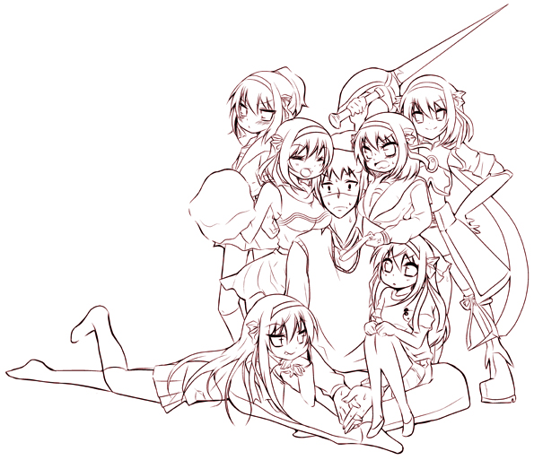 10s, 1boy, 6+girls, aged_down, alternate_costume, alternate_hairstyle, bad_id, bad_pixiv_id, cheerleader, harem, kouyouen_academy_school_uniform, kyon, long_hair, monochrome, multiple_girls, multiple_persona, official_alternate_hair_length, official_alternate_hairstyle, pokurouta, purple_theme, school_uniform, serafuku, short_hair, simple_background, superheroine_haruhi, suzumiya_haruhi, suzumiya_haruhi_(young), suzumiya_haruhi_no_shoushitsu, suzumiya_haruhi_no_tomadoi, suzumiya_haruhi_no_yuuutsu, time_paradox, warrior, white_background