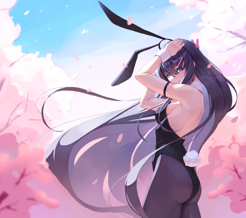 1girl, absurdly_long_hair, absurdres, armband, arms_up, ass, bare_back, bare_shoulders, black_hair, black_legwear, black_leotard, bow, bowtie, breasts, cherry_blossoms, closed_mouth, commentary, cowboy_shot, detached_collar, english_commentary, fake_tail, hair_between_eyes, hair_ornament, hairclip, hands_up, highleg, highleg_leotard, highres, leotard, long_hair, medium_breasts, outdoors, peaceablecolt, petals, playboy_bunny, purple_eyes, purple_hair, rabbit_tail, sakurajima_mai, seishun_buta_yarou, shadow, sideboob, signature, sky, smile, solo, standing, strapless, strapless_leotard, tail, very_long_hair, wrist_cuffs