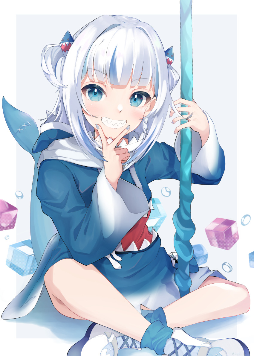 absurdres, animal_hood, blue_eyes, blue_hair, blue_hoodie, crossed_legs, fins, fish_tail, gawr_gura, gawr_gura_(1st_costume), hair_ornament, highres, hololive, hololive_english, holomyth, hood, hoodie, ketyara, multicolored_hair, nail_polish, polearm, shark_girl, shark_hair_ornament, shark_hood, shark_tail, sharp_teeth, short_twintails, sitting, smile, streaked_hair, tail, teeth, trident, twintails, virtual_youtuber, weapon, white_hair