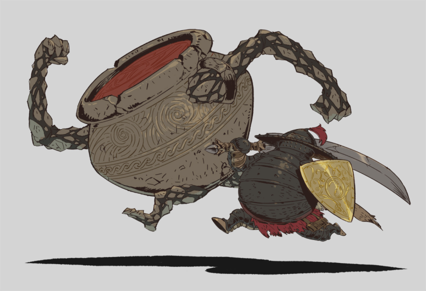 2others, armor, aso20, elden_ring, fat, fat_man, from_side, full_armor, helmet, holding, holding_shield, holding_sword, holding_weapon, huge_weapon, iron_fist_alexander, living_jar_(elden_ring), multiple_others, over_shoulder, plume, running, shield, simple_background, sword, tarnished_(elden_ring), weapon, weapon_over_shoulder, white_background