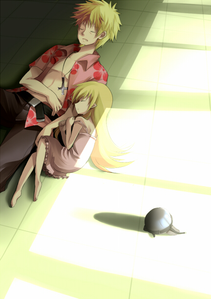1boy, 1girl, bad_id, bad_pixiv_id, bakemonogatari, barefoot, blonde_hair, closed_eyes