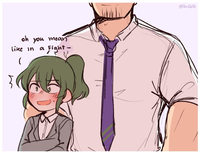 1boy, 1girl, blush, english_text, freudian_slip, green_eyes, green_hair, igarashi_futaba, long_hair, medium_hair, meme, misunderstanding, necktie, panqlao, ponytail, senpai_ga_uzai_kouhai_no_hanashi, short_hair, sidelocks, size_difference, takeda_harumi, translated