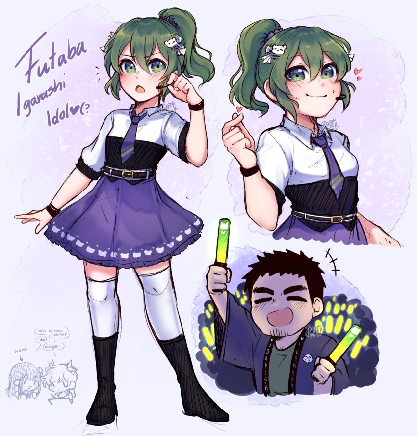 1boy, 1girl, artist_self-insert, audience, concert, crowd, fang, frills, glowstick, green_eyes, green_hair, highres, idol, idol_clothes, igarashi_futaba, medium_hair, microphone, music, open_mouth, panqlao, penlight_(glowstick), ponytail, senpai_ga_uzai_kouhai_no_hanashi, sidelocks, skirt, smile, stage, takeda_harumi, wotagei