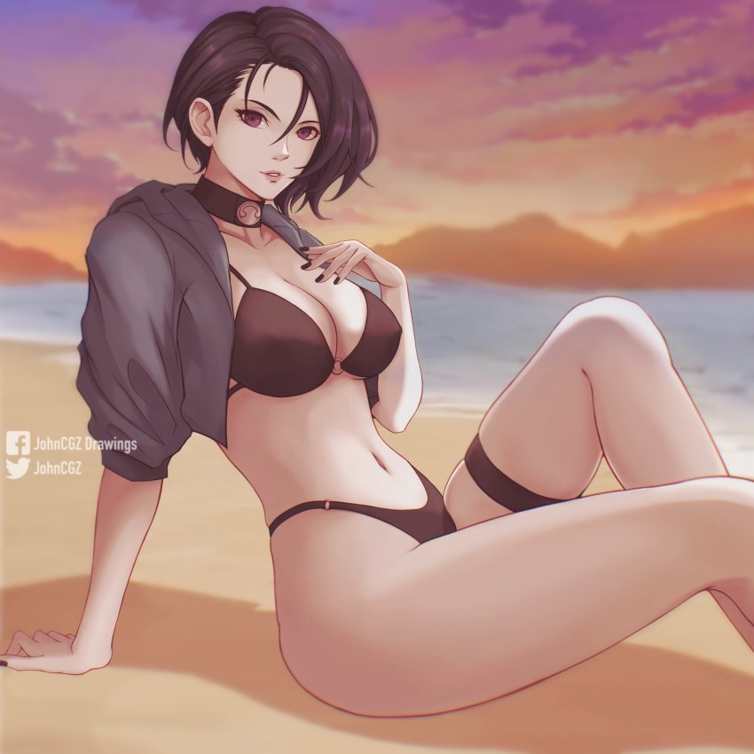 1girl, asymmetrical_hair, beach, bikini, black_bikini, blue_hair, breasts, choker, cleavage, fire_emblem, fire_emblem:_three_houses, highres, jacket, johncgz, large_breasts, looking_at_viewer, navel, nintendo, purple_eyes, purple_hair, reclining, shamir_nevrand, short_hair, solo, swimsuit, thigh_strap