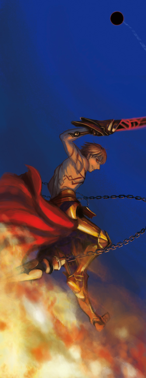 1boy, armor, aya_namihei, aya_namihira, blonde_hair, chain, ea_(fate), fate/stay_night, fate_(series), fire, gilgamesh_(fate), highres, male_focus, red_eyes, topless_male, sky, solo, sword, tattoo, weapon