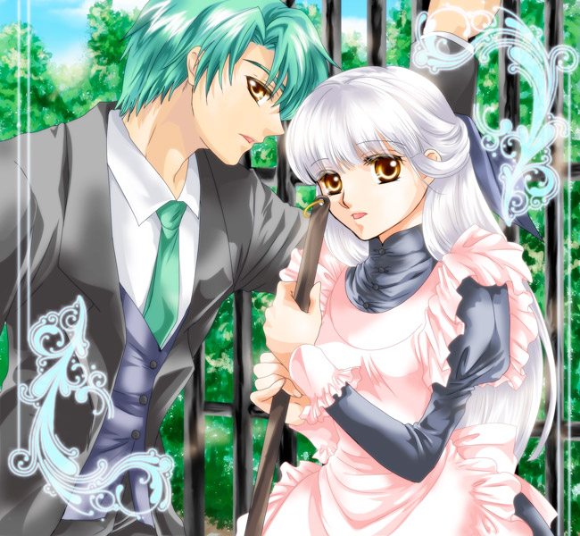 1boy, 1girl, broom, fire_emblem, fire_emblem:_radiant_dawn, formal_clothes, half_updo, maid