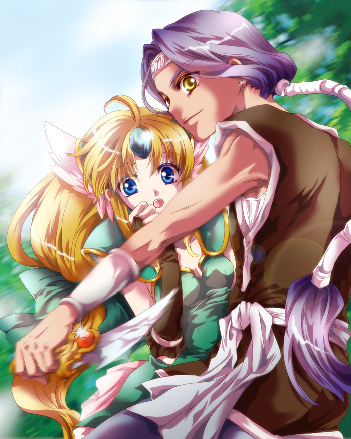 1boy, 1girl, blonde_hair, blue_eyes, bow, bridal_gauntlets, hair_bow, hawkeye_(seiken_densetsu_3)