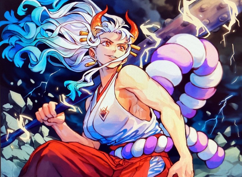 1girl, aokamei, aqua_hair, arm_at_side, bare_arms, bare_shoulders, blue_hair, breasts, cloud, cloudy_sky, club, club_(weapon), cowboy_shot, curled_horns, debris, earrings, electricity, floating_hair, hair_ornament, hair_stick, hakama, hakama_pants, hand_up, highres, holding, holding_weapon, horns, japanese_clothes, jewelry, kanabou, kimono, large_breasts, light_smile, lightning, lips, long_hair, looking_afar, multicolored_hair, multicolored_horns, one_piece, oni, orange_eyes, orange_horns, outdoors, over_shoulder, pants, parted_lips, red_hakama, red_horns, rope, scan, scan_artifacts, shimenawa, sideboob, sky, sleeveless, sleeveless_kimono, solo, spiked_club, very_long_hair, weapon, weapon_over_shoulder, white_hair, wind, yamato_(one_piece)