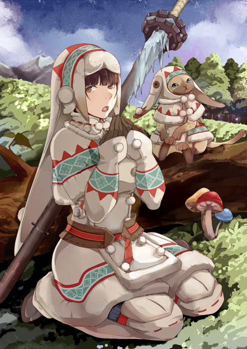 1girl, azansyu, blue_mushroom, felyne, crystal_sword, lagombi_(armor), meadow, seiza, sitting, yagami_kagami