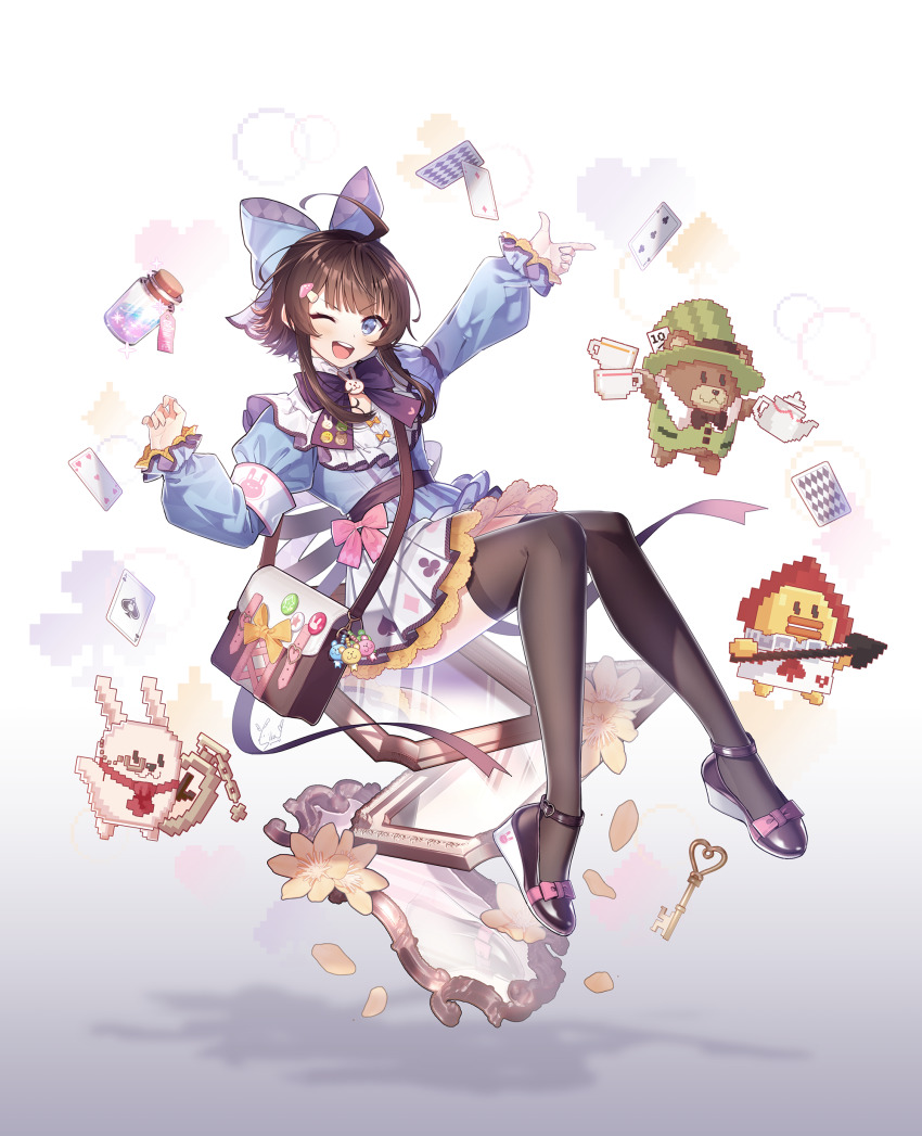1girl, ;d, absurdres, ace_(playing_card), ace_of_hearts, ace_of_spades, ahoge, alternate_costume