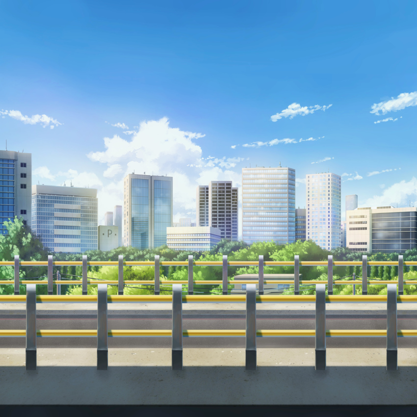 absurdres, blue_sky, bridge, building, city, cityscape, cloud, commentary