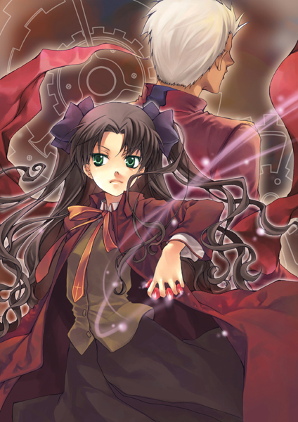 1boy, 1girl, archer_(fate), black_hair, coat, dark_skin, dark-skinned_male, fate/stay_night
