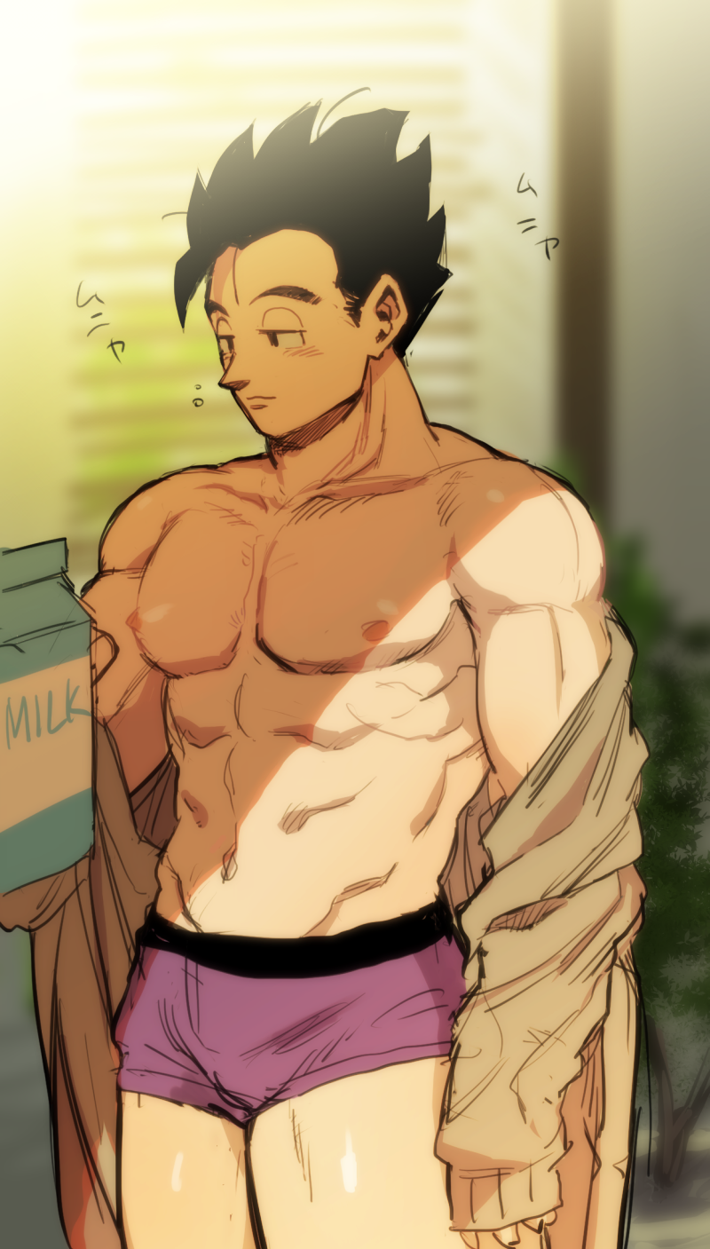 1boy, abs, bara, bare_pectorals, black_hair, boxer_briefs, briefs, carton
